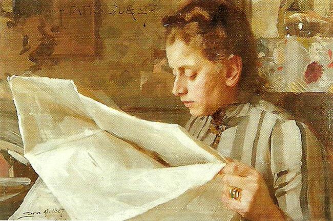 Anders Zorn emma zorn lasande oil painting image